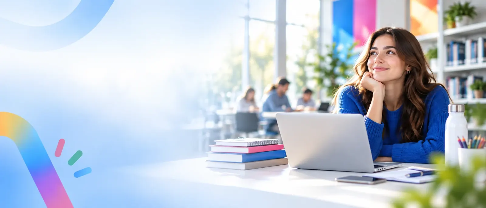 Studentessa sorridente che studia al computer